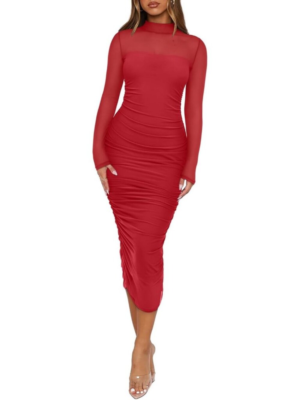 Women's Red Fall Mesh Sheer Long Sleeve Midi Ruched Bodycon Elegant Dresses